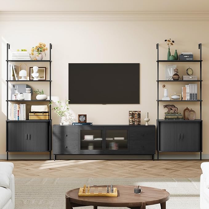 72" Tall Fluted Bookshelf, 4-Tier Open Display Ladder Shelf with Sliding Tambour Doors, Modern Wall Mounted Bookcase Cabinet with Metal Frame for Living Room, Bedroom, Home Office, Black