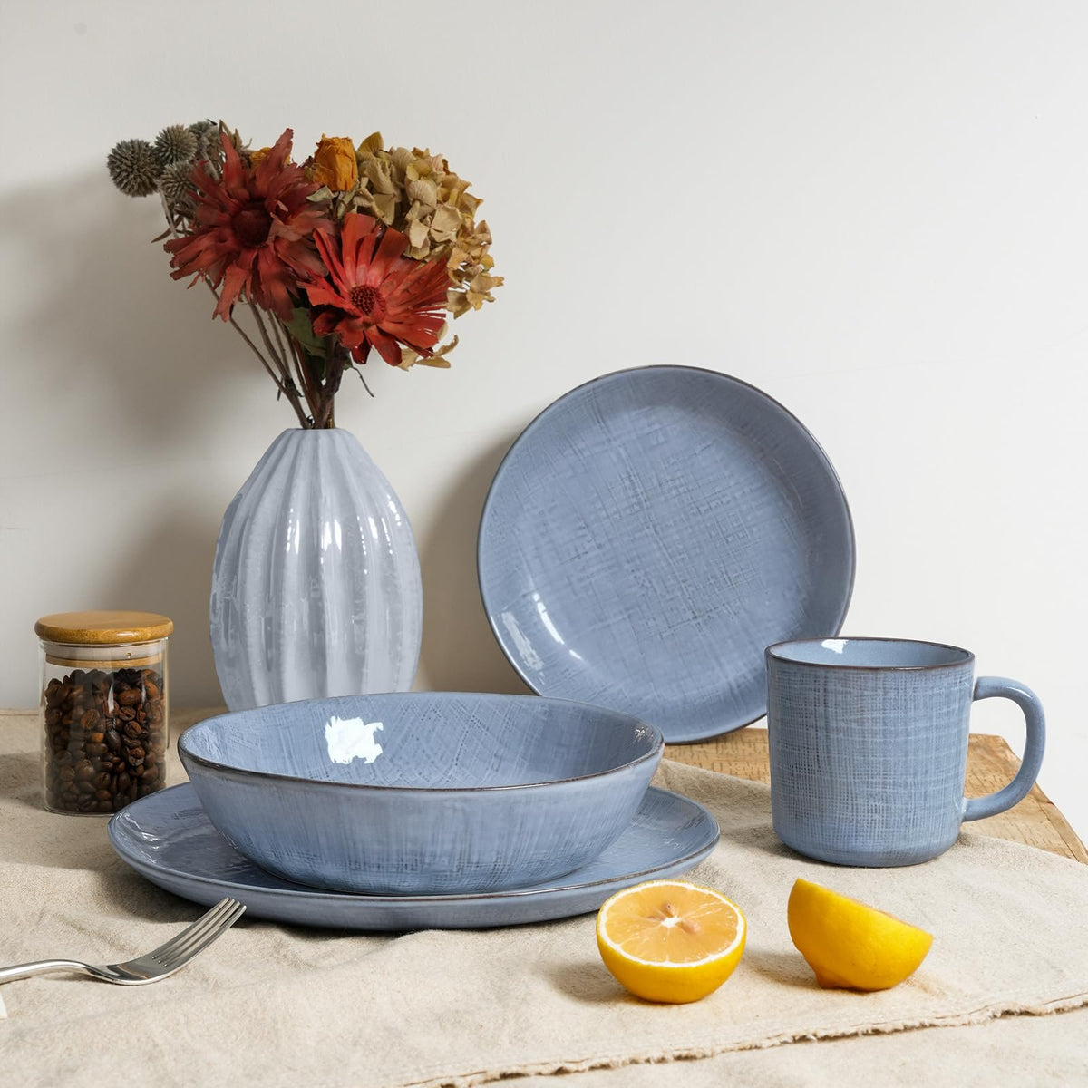 famiware Moonlight 8.5 Inch Pasta Bowls Set of 4, 32oz Serving Bowls for Kitchen, Soup Bowl with Linen Finish, Large Stoneware Bowls for Festivals, Housewarming, Dinnerware, Summer Sand