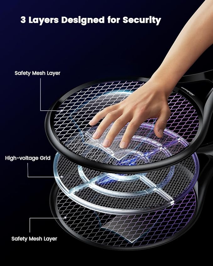 Minimoon Electric Fly Swatter with LED Display, 2000mAh Rechargeable Fly Swatter Racket, 2500V Bug Zapper Racket Dual Modes, Mosquito Killer Lamp with 3 Layers Safety Mesh for Indoor Outdoor Camping
