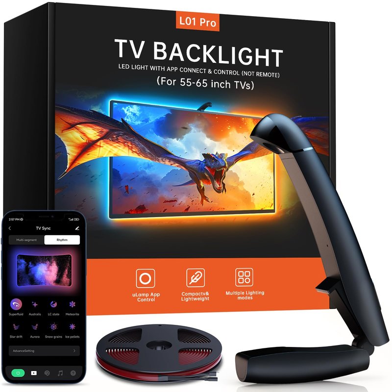 FFJ TV LED Backlight with Sensor, 14.7ft Cuttable RGB Lights that Change with TV for 55-65 Inch Screen and PC Monitor, Smart App Control, Game & Music Sync Color Changing Light