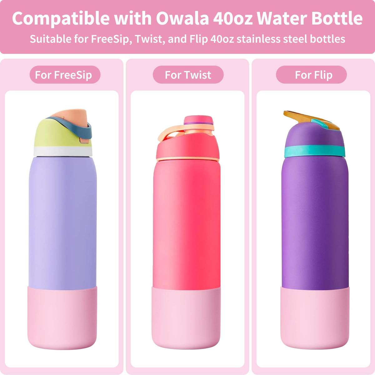 Diumepo Silicone Water Bottle Boot for Owala 40 oz, Anti-Slip Protective Sleeve for Owala Twist & FreeSip & Flip Stainless Steel Water Bottle, Boot Bottom Base (Pink)