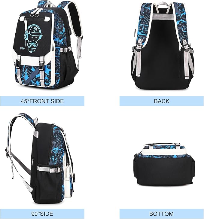 Bevalsa Backpack for Boys, Cool Luminous Backpacks with Lunch Box & Pen Case, School Bags for Kids, Bookbag for Children Teens for Elementary Middle School Student with USB Charging Port (Music)