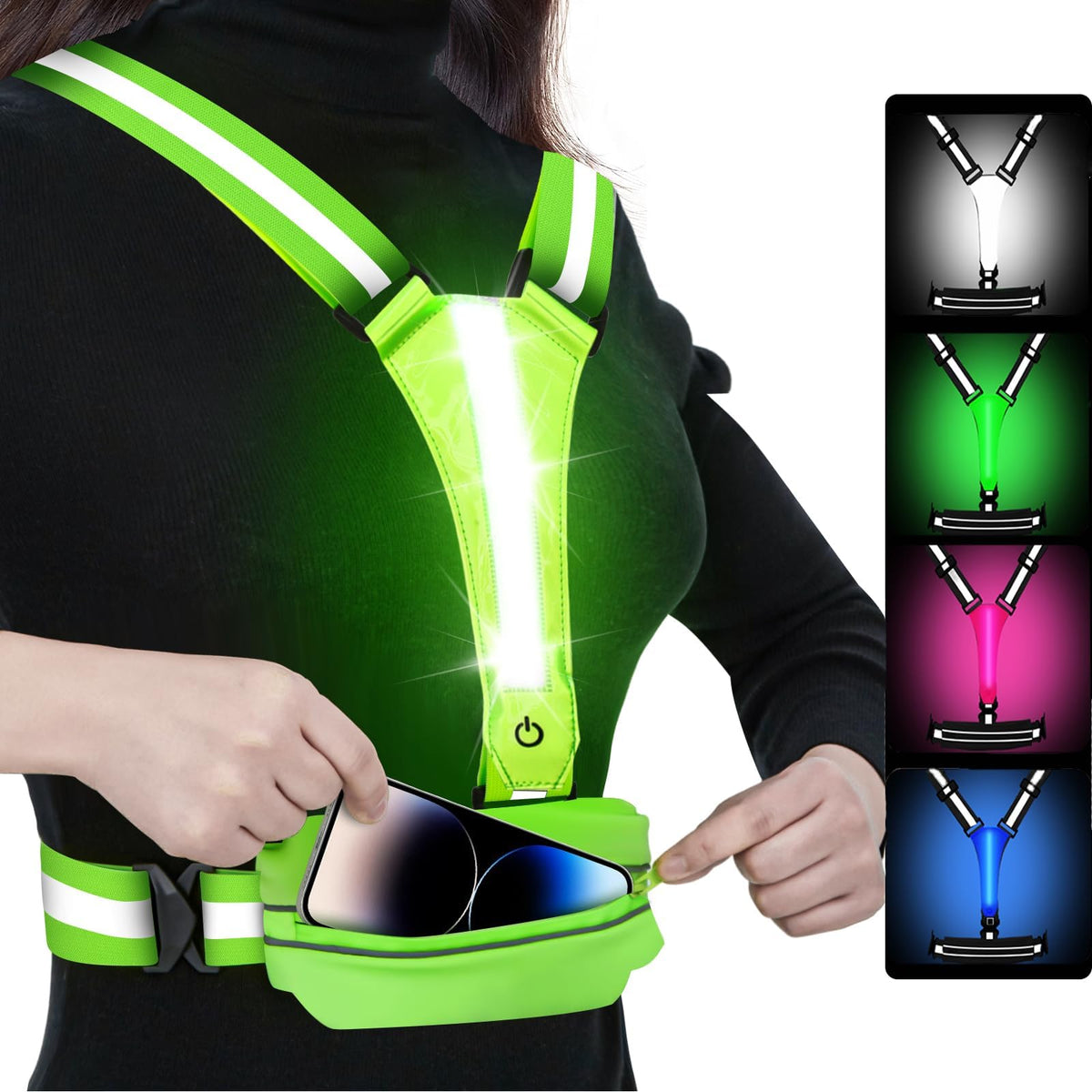 LOYAL SEA LED Reflective Light Up Safety Running Vest for Biking Walking at Night, High Visible Adjustable Running Light for Runners Rechargeable with Pouch, Reflective Running Belt Gear for Women