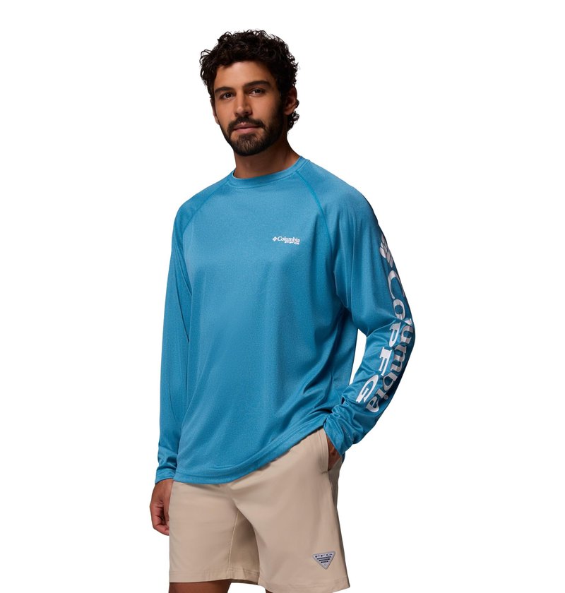 Columbia Men's PFG Terminal Tackle Long Sleeve Fishing Shirt, Blue Echo Heather/White Logo, X-Large