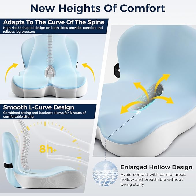 Seat Cushion, Office Chair Cushions for Tailbone Relief, Seat Cushions for Office Chair with L-Shaped Ergonomic Design & Adjustable Strap, Memory Foam Chair Cushion for Long Sitting Worker(Blue Grey)