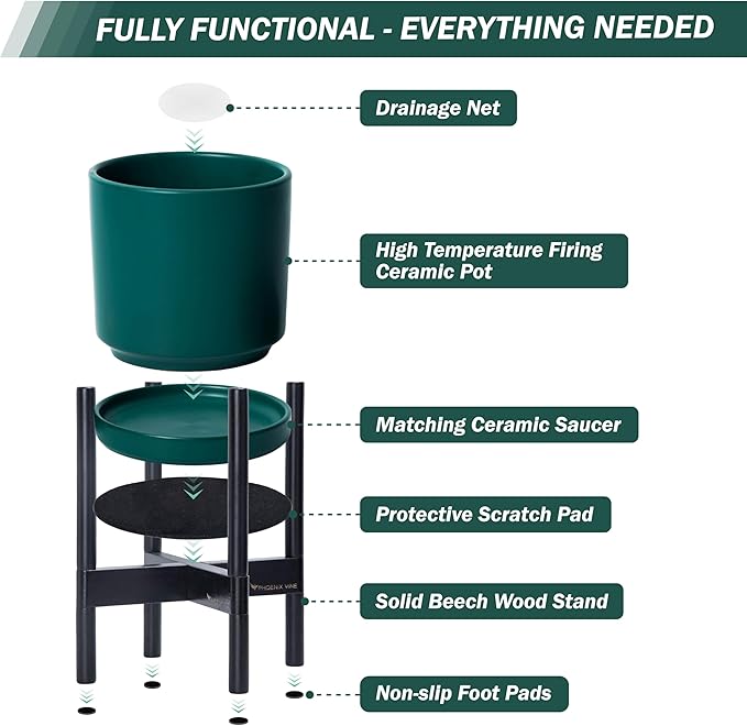 D'vine Dev Ceramic Planter with Ebony Stand - 8 Inch Modern Round Flower Pot with Wood Planter Holder, Teal, 55-B-M-4