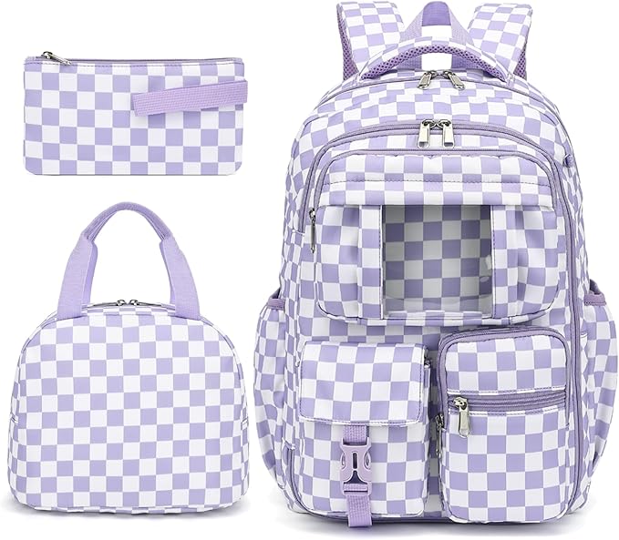 Girls School Backpack Set - Teens Kids School Bag Bookbag with Lunch Box Pencil Case for Elementary Middle School (Checkered Purple)