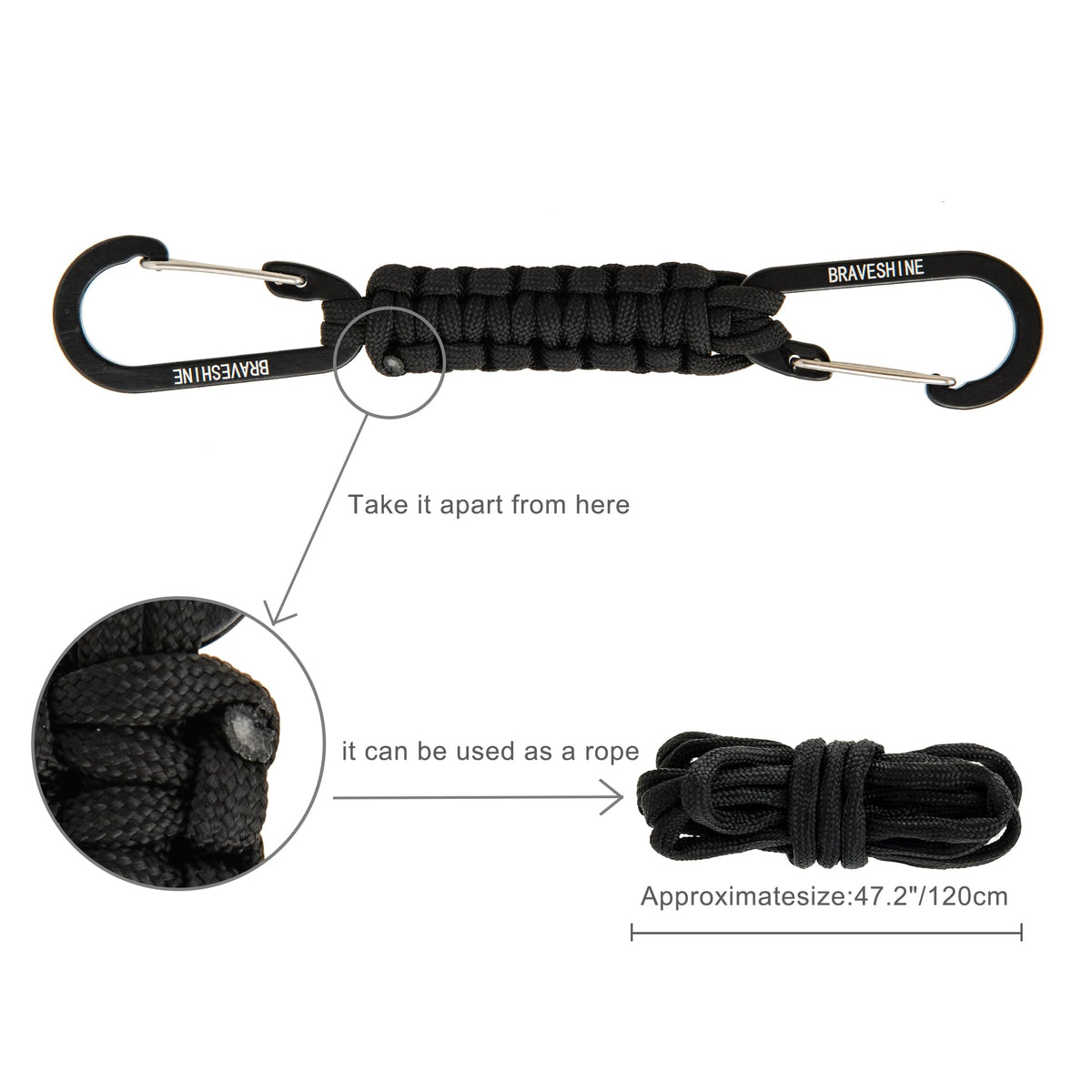 BRAVESHINE 2 Pack Paracord Keychain Hook D Ring Carabiner Clips for Water Bottle, Key, Backpacks, Boys, Girls, Men, Women - Orange