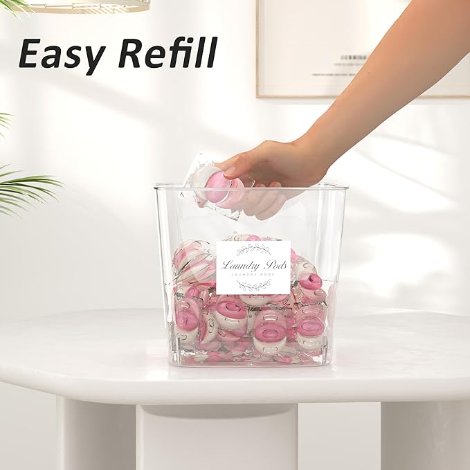 Laundry Room Organization and Storage, Laundry Pods Container and Dryer Sheet Holder with Bamboo Lids and Labels, Laundry Organizer with Scoops for Booster Beads, Powder, Pods, 4+1 Pack