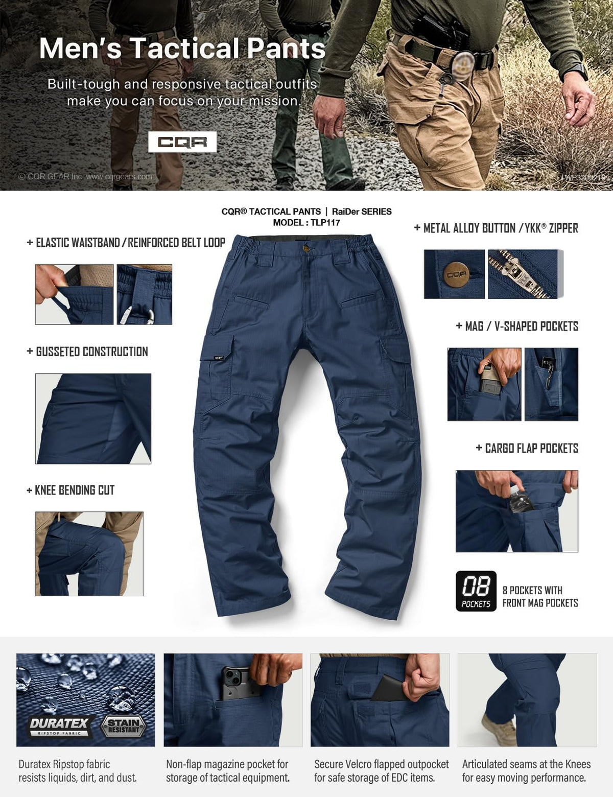 CQR Men's Tactical Pants, Water Resistant Ripstop Cargo Pants, Lightweight EDC Work Hiking Pants, Outdoor Apparel, Raider Midnight Blue, 32W x 30L