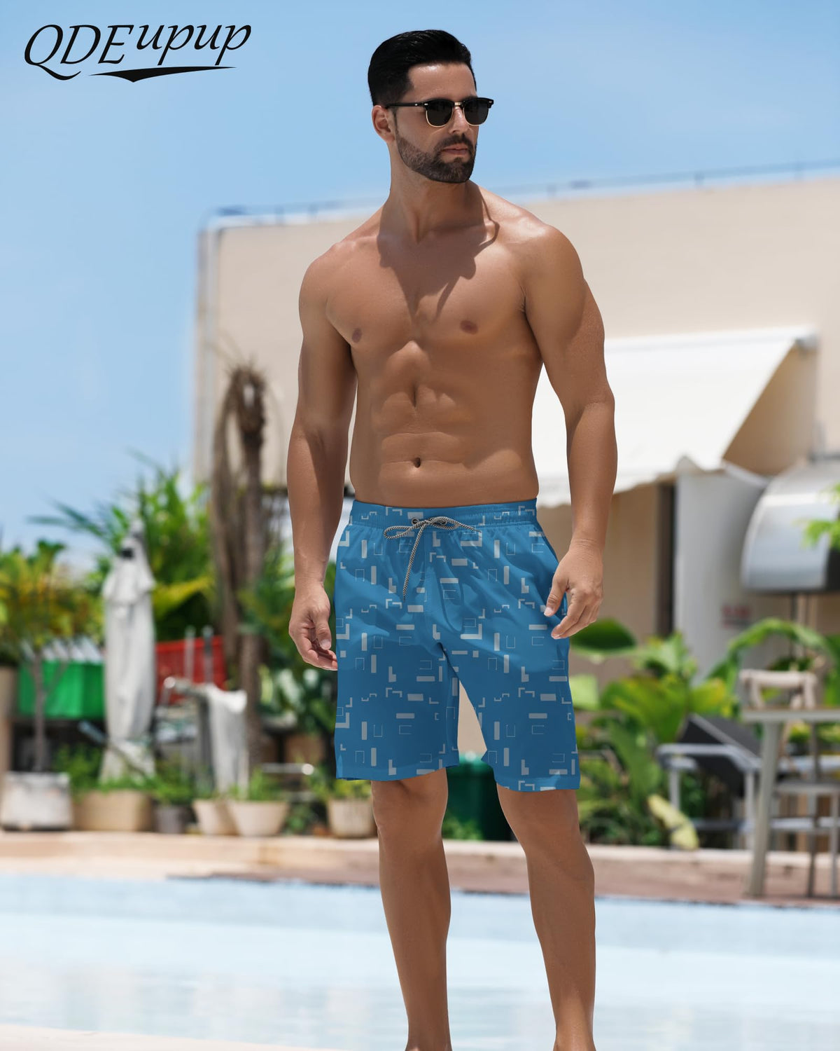 QDEupup Men's Swim Trunks Board Shorts Bathing Suit Swimwear Mesh Lining Quick Dry Beach Shorts Q497 Blue L