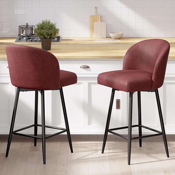 Counter Height Bar Stools Set of 2,360° Swivel Barstools with High Back and Metal Legs,26" Seat Height, Upholstered PU Leather Bar Chairs for Kitchen Island, Dining Room,Cafes,Red
