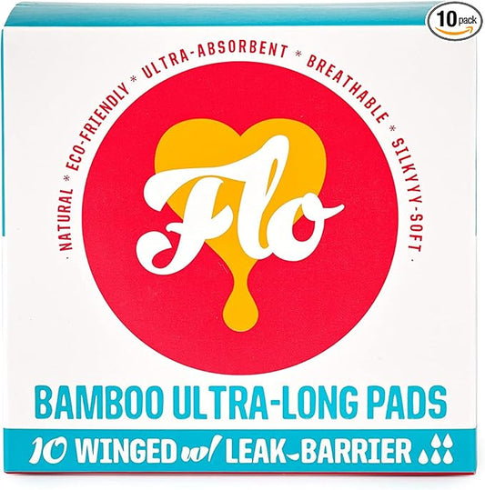 Flo Bamboo Extra Long Period Pads with Wings (10 Pads) - Ultra Absorbent, High Protection