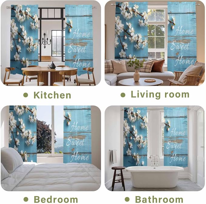 Farmhouse Wooden Grain Kitchen Curtains, Vintage Shabby Chic Flower Blue Light