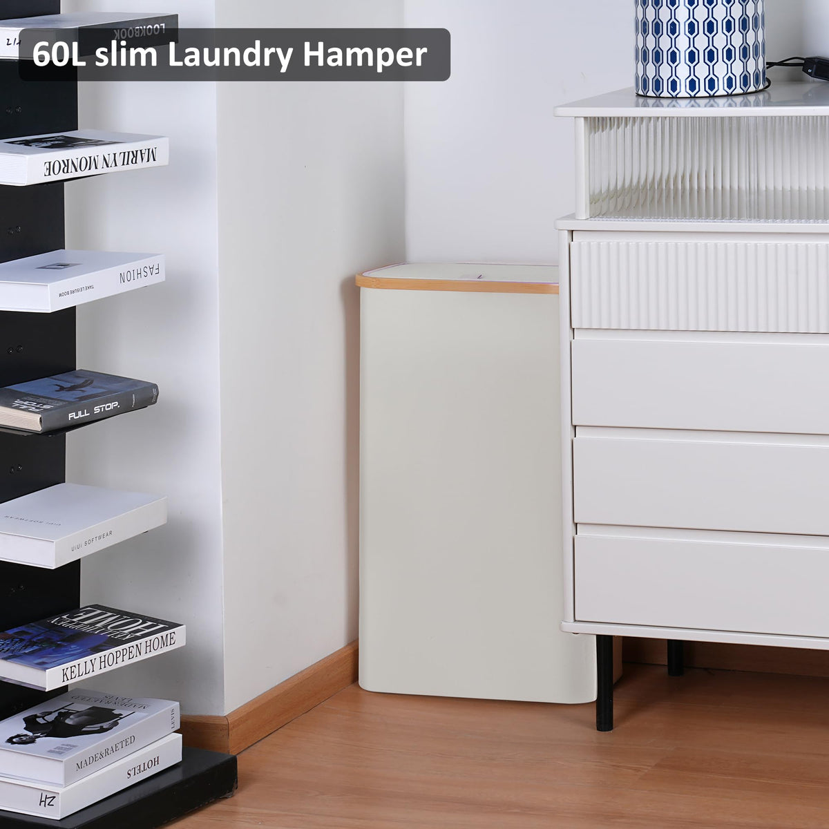 Merkisa Slim Laundry Hamper,Narrow laundry Hamper with Lid,60L Hamper for Laundry,Dirty Cloth Hamper with Bamboo Handle for Towels, Clothes Organizing,Beige