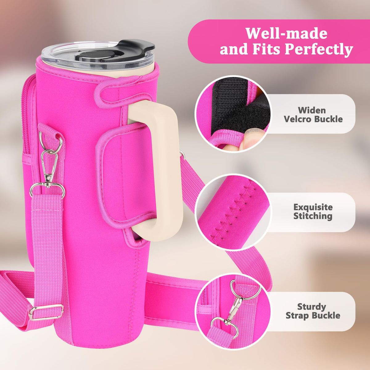 Water Bottle Carrier Bag with Phone Pocket Compatible with Stanley/Meoky 40 oz Tumbler with Handle,Neoprene Water Bottle Holder Pouch with Adjustable Strap Compatible with Stanley Cup Accessories