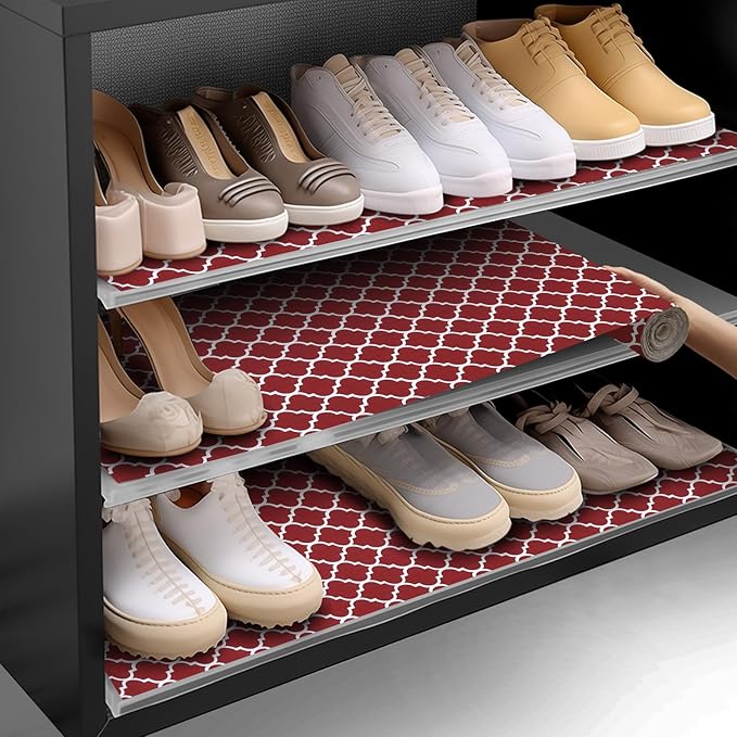 Shelf and Drawer Liner for Kitchen Cabinets Non-Adhesive, Strong Grip Non-Slip Thickened Cabinet Liners for Shelves, Waterproof Mats for Dresser Cupboard, Red/White, 17 in x 30 Feet