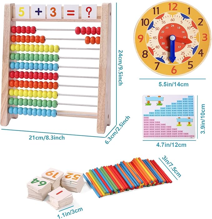 Wooden Abacus for Kids Math Manipulatives Learning Clock for 5 6 7 8 Year Old Boys Girls 1st 2nd Grade Math Counters 100 Counting Sticks Montessori Preschool Educational Math Toys Homeschool Supplies