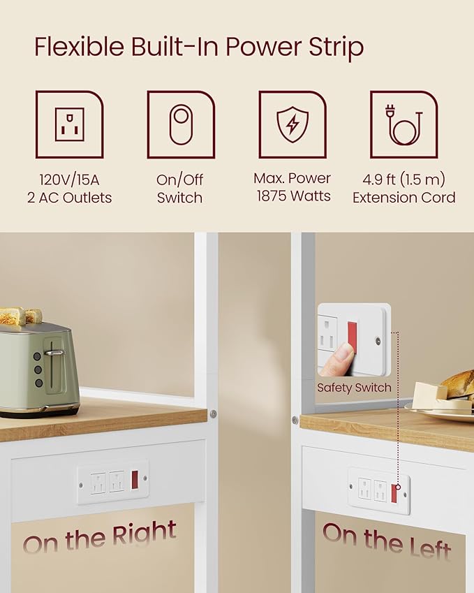 VASAGLE Kitchen Bakers Rack with Power Outlet, Coffee Bar 4-Tier with 8 S Hooks, Microwave Stand, Adjustable Shelf, for Small Spaces, 15.7 x 17.7 x 55.1 Inches, Golden Oak and Cloud White UKKS013YA01