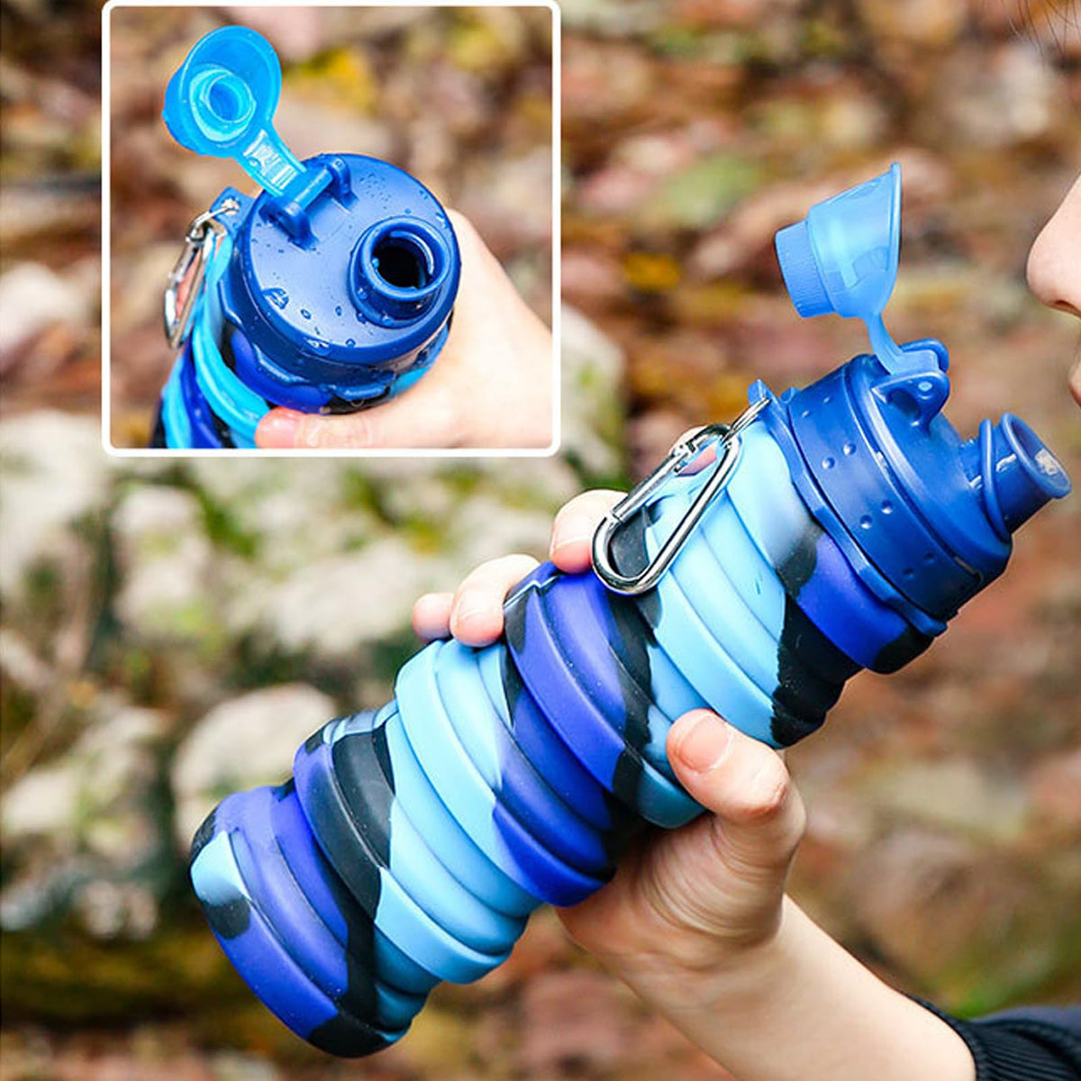 YCTMALL Collapsible Water Bottles Two Pack - Travel Sports Portable Silicone Water-proof Camping Bottle with Mountaineering Buckle (500ml, Dark Blue and Grey)