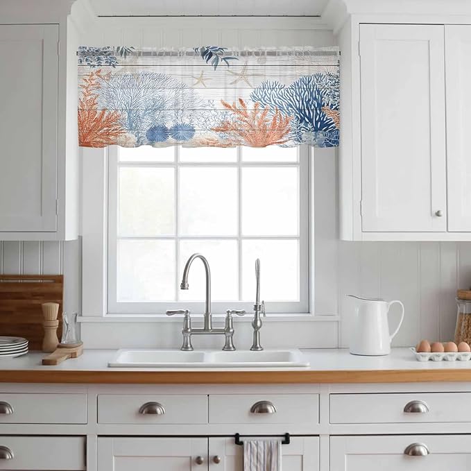 Ocean Corals Sheer Valance Curtains, Summer Beach Coral Sea Stars Wood Grain