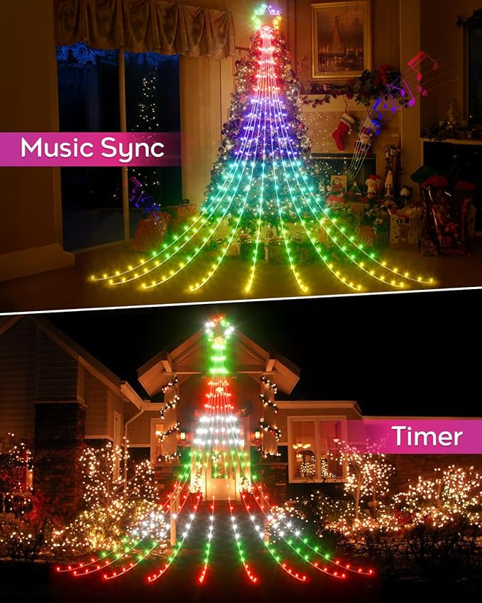 23FT Outdoor Christmas Decorations Star String Lights, Smart RGB Led Tree Lights Waterfall DIY Preset Scenes App Remote Control Large Unique Yard Lights for Outside Roof Home Xmas Holiday Decor
