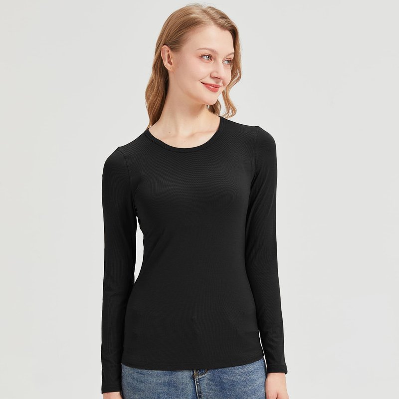 netdraw Women's Buttery Soft Ribbed Bamboo Viscose Long Sleeve T-Shirt Crew Neck Casual Tops Slim Fitted Thermal Undershirt, Black, Medium