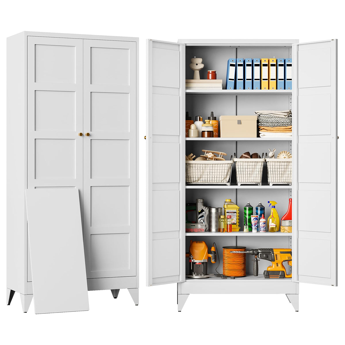 SISESOL 71" Tall Pantry Cabinet with 2 Doors and 5 Shelves,Kitchen Pantry Storage Cabinets,White Metal Storage Cabinet,Wide Deep Food Cupboard for Home,Kitchen,Dining/Living Room