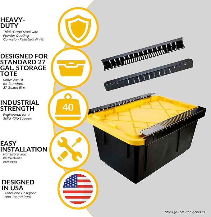 Overhead Bin Rack - Ceiling Mount Overhead Garage Rack | Adjustable Width and Orientation | Heavy Duty Ceiling Bin Storage Rails | Fits Black & Yellow Storage Bins | USA Designed (8 Bins)
