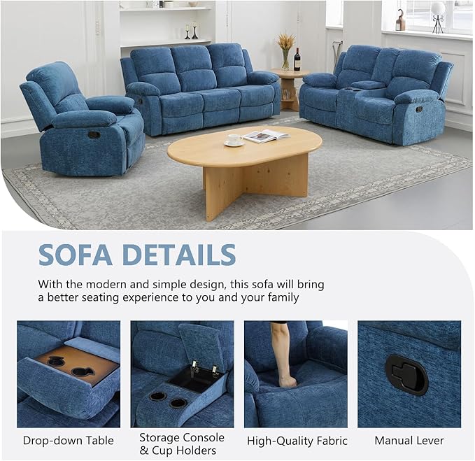 Manual Recliner Sofa Set,Microfiber Reclining Couch Set,Modern Living Room Furniture Set,Reclining Sofa Couch Chair for Living Room Home Office(Light Blue,3 Pieces Set)