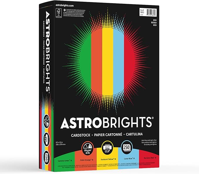 Astrobrights® Color Card Stock, Assorted Colors, Letter (8.5" x 11"), 65 Lb, 30% Recycled, FSC® Certified, Pack Of 250