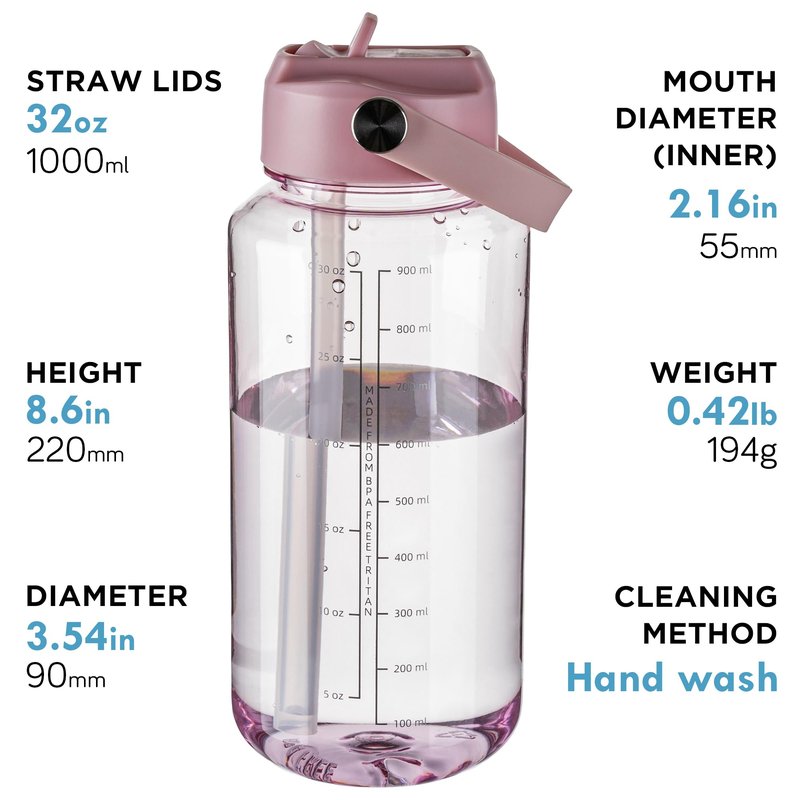 OLDLEY 32oz Water Bottle with Straw, Leakproof Tritan Clear Bottle with Marked Bottle and Carry Handle, BPA-Free Wide Mouth Reusable Sports Water Bottle for Gym,Hiking,Camping,Travel,Workout,Pink