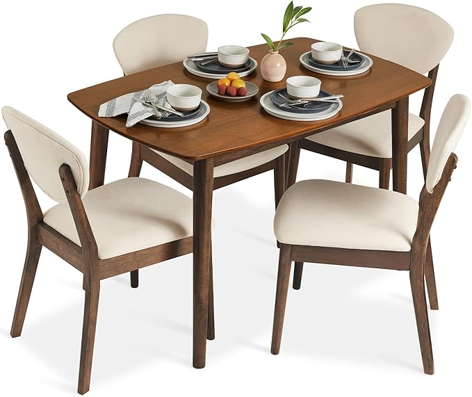 Best Choice Products 5-Piece Dining Set, Compact Mid-Century Modern Table & Chair Set for Home, Apartment w/ 4 Chairs, Padded Seats & Backrests, Wooden Frame - Walnut/Cream