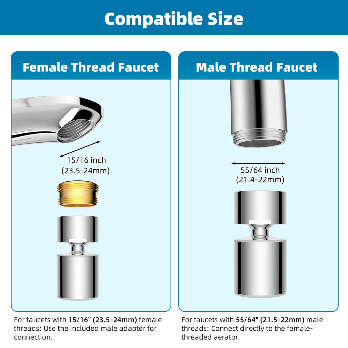Hibbent NSF/ANSI/CAN 61 Certified Faucet Aerator, CUPC Certification 360° Twist Kitchen Sink Aerator, Dual-function Sink Sprayer Attachment, Faucet Replacement Part 55/64'' Female Thread, Chrome
