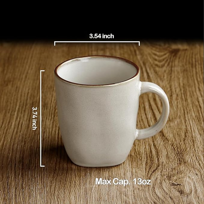 famiware Coffee Mugs Set of 4, Ocean Square 13oz Coffee Cup Set with Handle for Cocoa, Milk, Hot Chocolate, Stoneware Cups for Kitchen, Reactive Glaze, Microwave and Dishwasher Safe, Cappuccino White