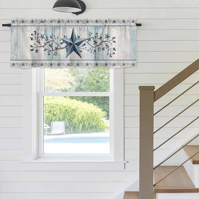 Blue Texas Star Valances for Windows, Vintage Star Berry Blue Beige Wood Grain