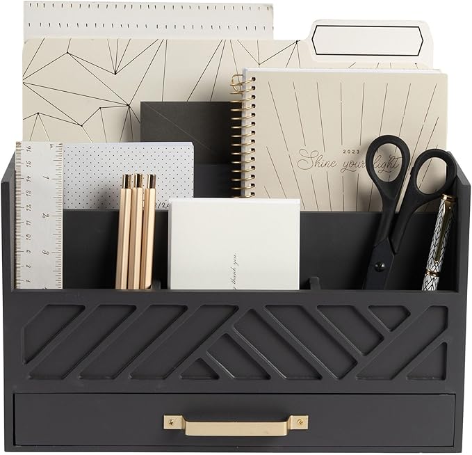 BLU MONACO Grey Wooden Desk Organizer with Drawer and Gold Handle – Perfect Desk Accessories for Home Office Organization – Desktop Mail Storage for Office Supplies