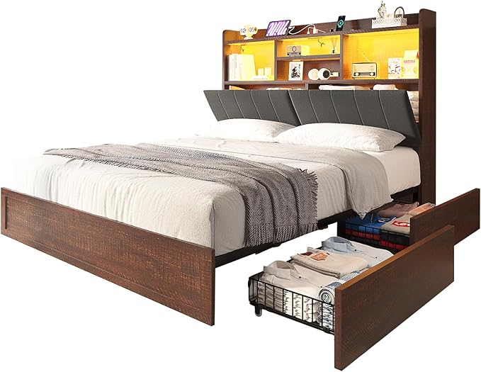 King Farmhouse Bed Frame with Bookcase Headboard and 4 Drawers, LED Storage Bed with Charging Station & Linen Upholstered, No Box Spring Needed, Reclaimed Barnwood