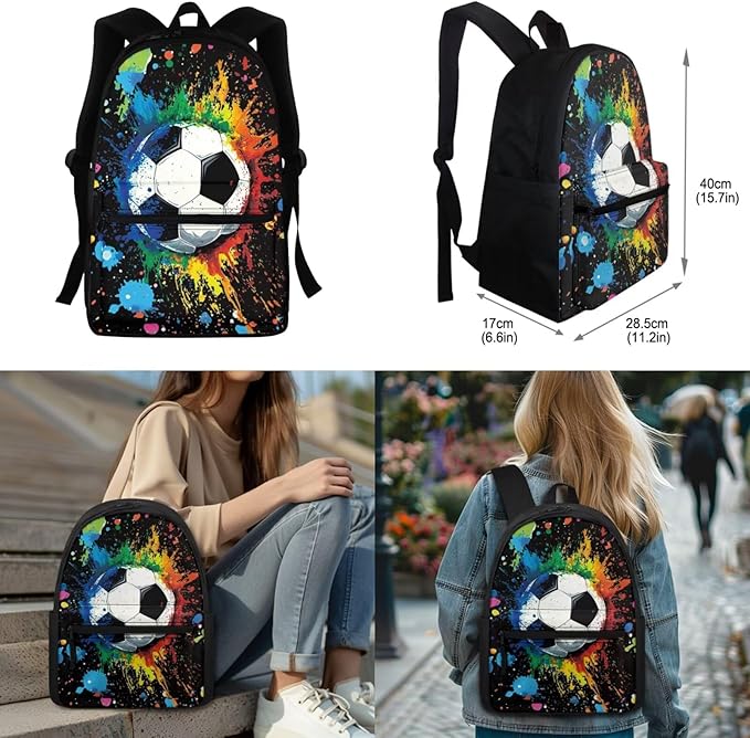 4pcs/set Football Backpack for Girls 6-8 10-12 Big for 4Th Grade Kids School Bag Set Teen Boys Schoolbag Elementary Preschool Bookbag with Lunch Bags Pencil Case Water Bottle Sleeve
