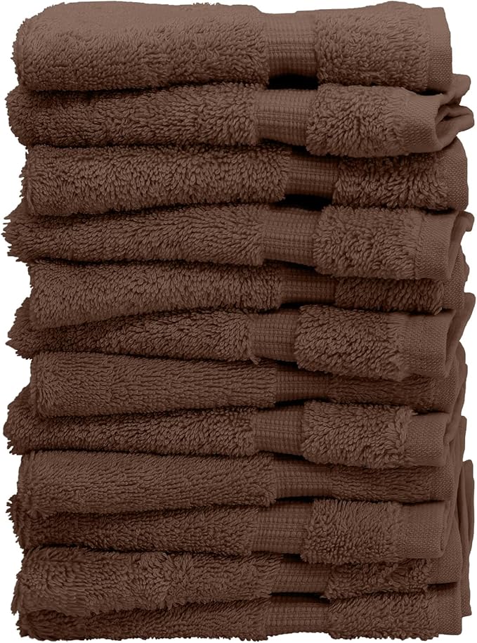 Luxury Hotel & Spa Collection, 100% Turkish Cotton 700 GSM Cloth, for Body wash, Makeup & Facial Cleaning, Baby, face, loofah, Dobby Border Soft washcloths Towel Set 13" X 13", Cocoa, Set of 12