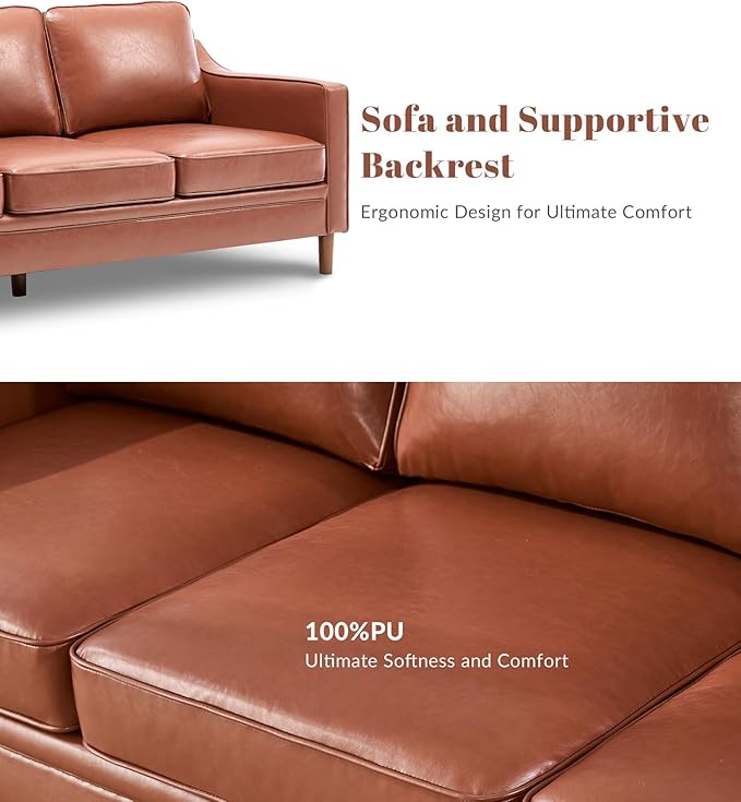 Kingfun 80" Faux Leather Sofa, 3 Seater Couch, Mid Century Modern Couches with Solid Wood Frame for Living Room & Bedroom, Dark Brown