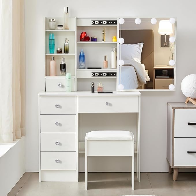 Girls Vanity Set, 3 Color Modes, 5 Storage Drawers 6 Cabinets Makeup Table with Mirror and Lights, White Dressing Table with Cushioned Stool for Home and Bedroom