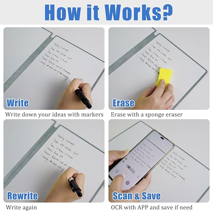 Portable White Board Dry Erase Notebook 12" x 9" (A4), Double Sided Folding Reusable Whiteboard with 3 Markers & 1 Pen Bag, Anti-Ghosting & Anti-Smudg Surface Notebook for Study, Meeting (Blue)