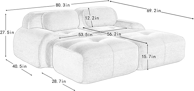 80" Modern Corduroy Boneless Love Seat Couches with 2 Ottomans, 2 Seater Large Sectional Couches for Living Room, Blue Cloud Modular Sectional Sofa, Memory Foam, Extra Deep Loveseat, No Assembly