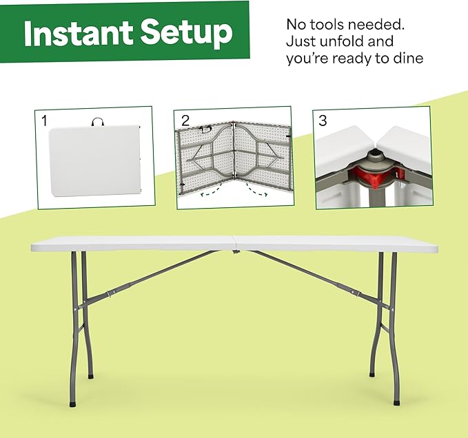 EconoHome White 6ft Folding Table with Handle | Heavy-Duty Foldable Table | Portable Table for Indoor & Outdoor Use | Perfect for Events, Camping, Parties, Dining & More