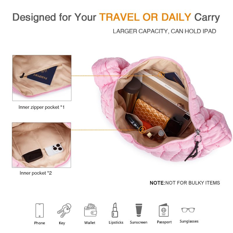 Quilted Puffer Tote Bag for Women Large Puffy Carryall Crossbody Shoulder Purse, Lightweight Travel Nylon Hobo Bag