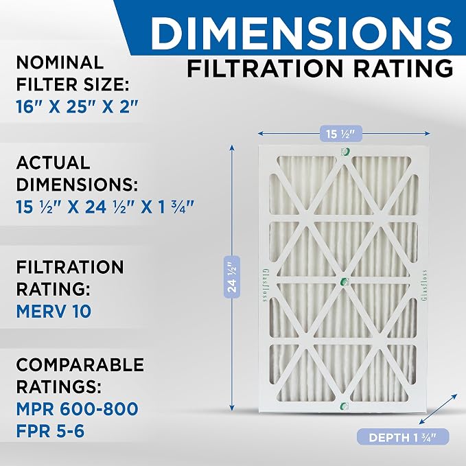 Glasfloss 16x25x2 MERV 10 2" Inch Pleated Air Filters Box of 6. Actual Size: