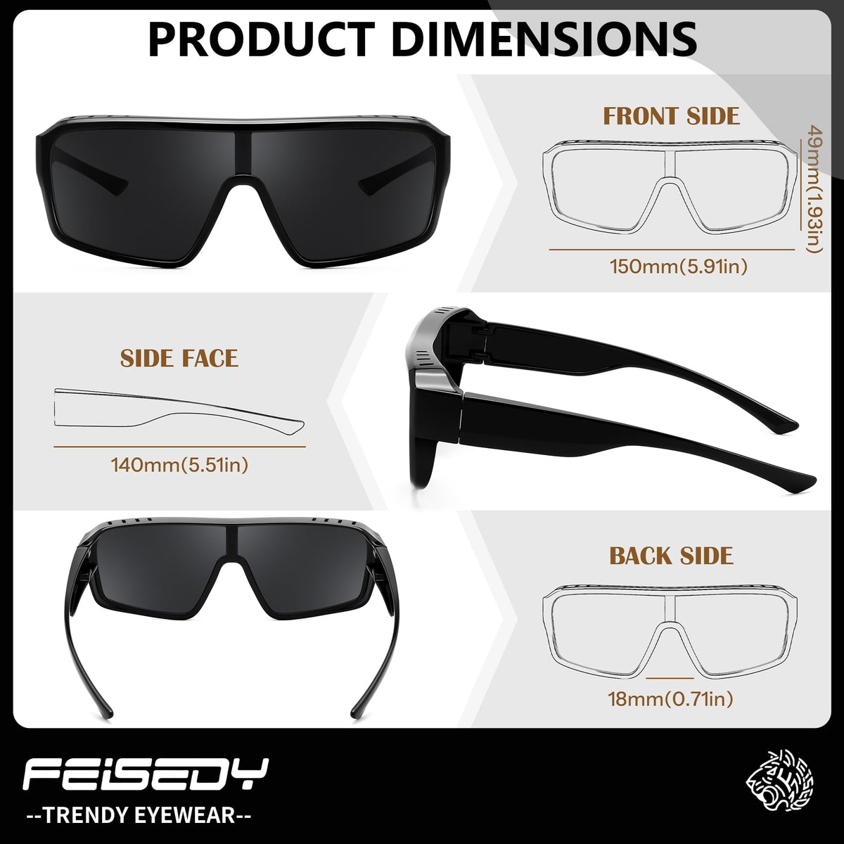 FEISEDY Oversized Square Sunglasses Fit Over Glasses for Men Women, Wrap-around One Piece Shades, Driving Outdoors B0332