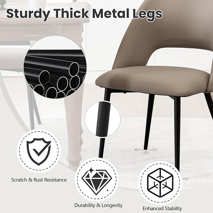 Rowill Dining Chairs Set of 6, Mordern Upholstered Faux Leather Dining Room Chairs, Kitchen Side Chairs with Metal Legs for Guest Reception Waiting Living Room, Khaki
