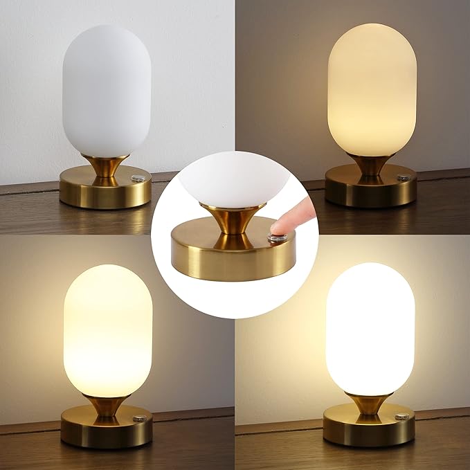 JONATHAN Y 8" Brass Gold/White Modern Rechargeable Integrated LED Table Lamp, Portable Cordless Accent Light with White Frosted Glass Shade, Dimmable Touch Sensor (JYL7111C)